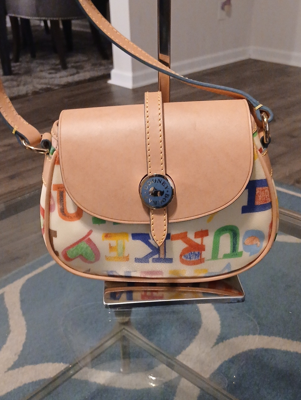 Dooney & Bourke Multicolor Letter-Print Crossbody with Tan Trim